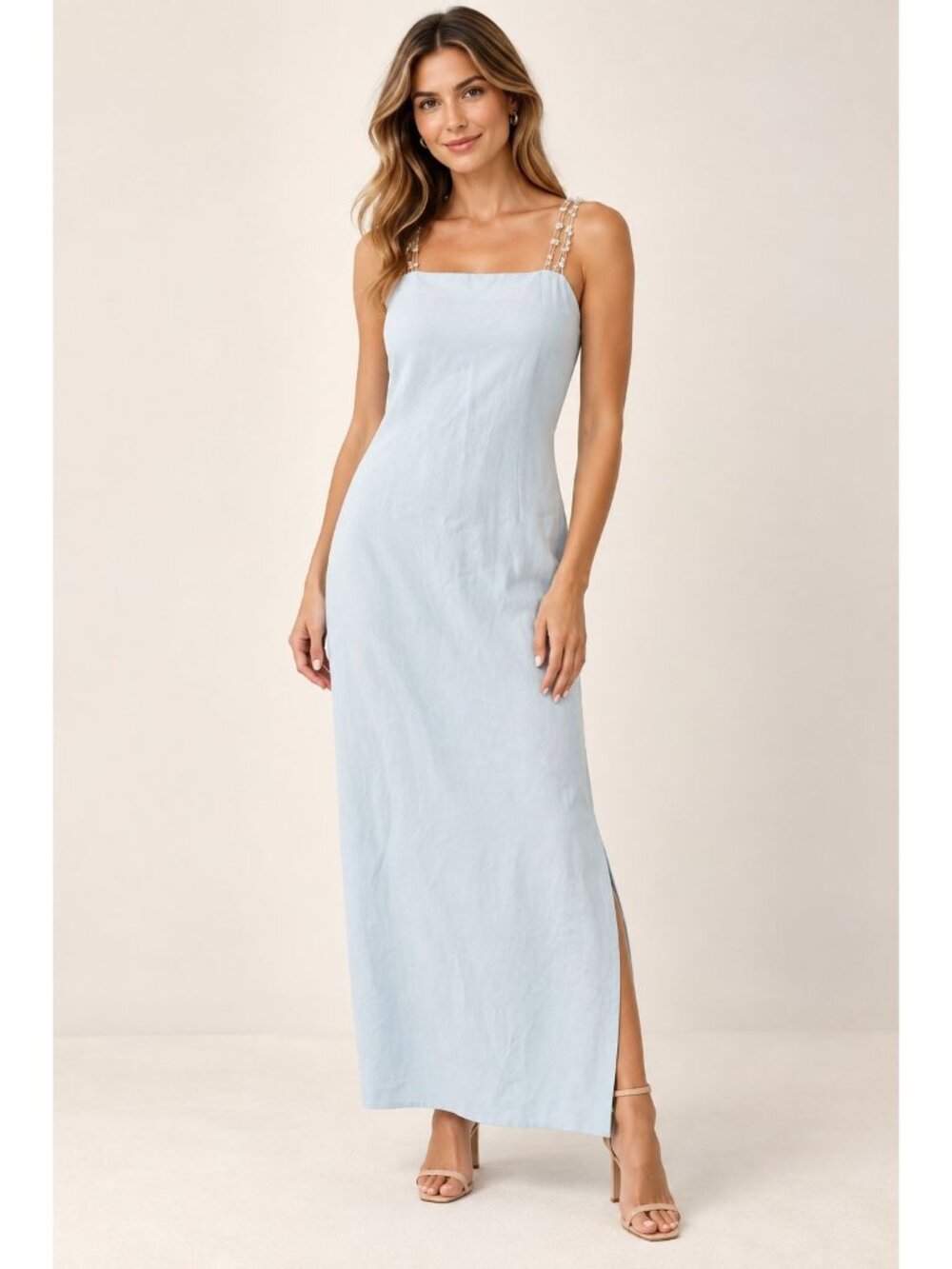 Luis Civit maxi dress minimalist column silhouette with a subtle ice blue hue 8